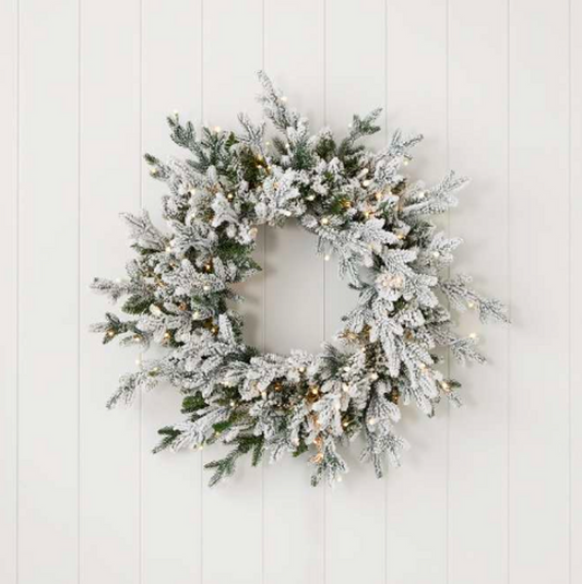 24" Dandan Plug-In Flocked Wreath with Warm White LED Lights Snow-Kissed Glow for the Holidays