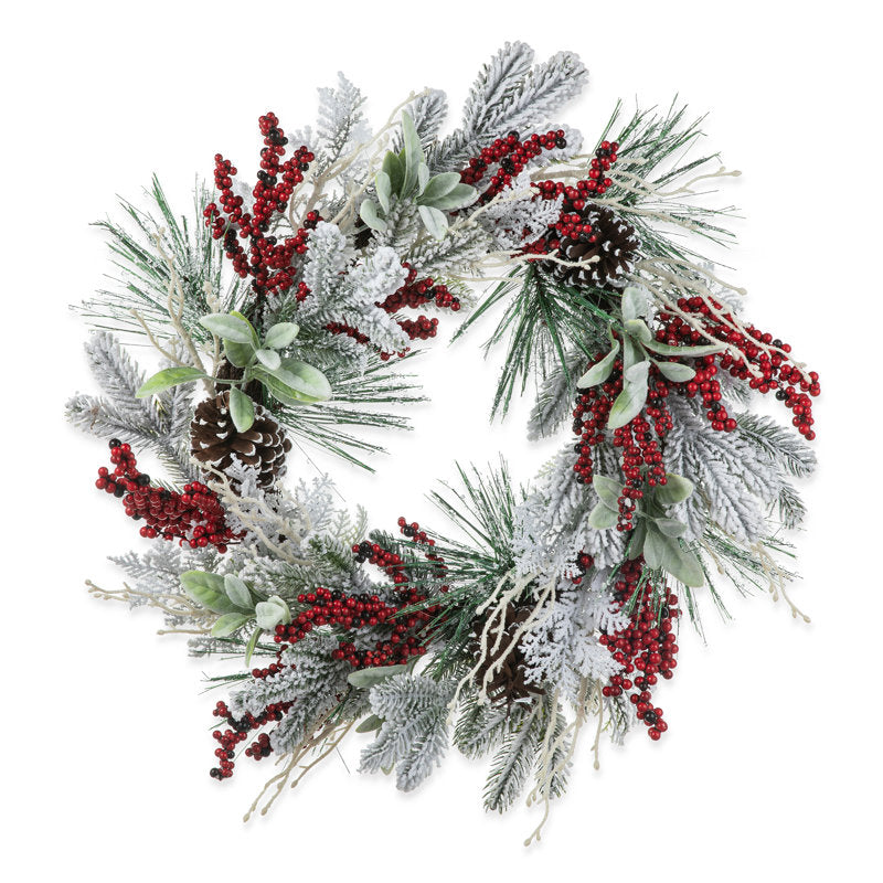 24" Flocked Pine Christmas Wreath as a festive door display