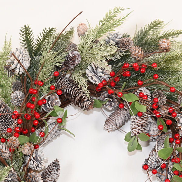 24" Artificial Farmhouse Blossom Cluster Cypress Frosted Cedar Berry Birch Winter Christmas Wreath For Front Door