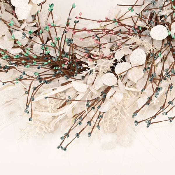 24" Artificial Farmhouse Blossoms Cluster Frozen Twig Eucalyptus Berry Winter Christmas Day Front Door Wreath