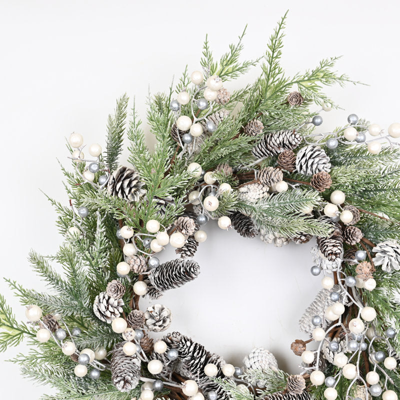 24" Artificial Farmhouse Cypress Pinecone Berry Christmas Day Winter Wreath For Front Door