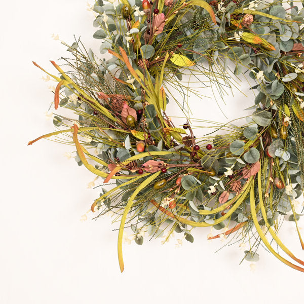24" Artificial Farmhouse Greenery Eucalyptus Acorn Pinecone Winter Wreath for Front Door Thanksgiving Christmas Day Decor