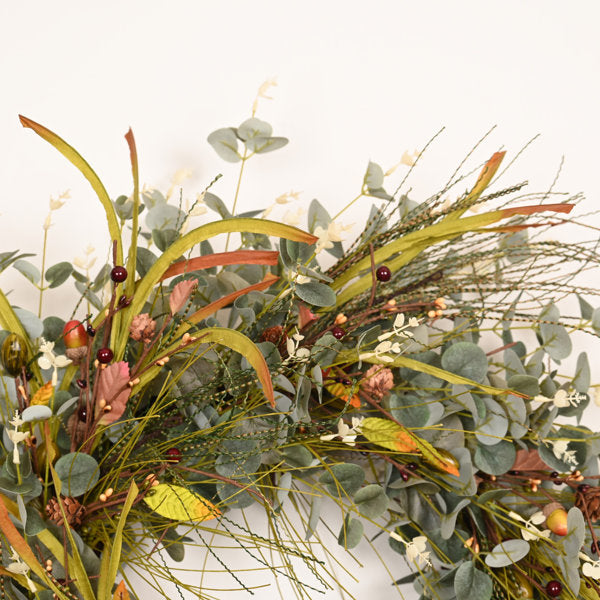 24" Artificial Farmhouse Greenery Eucalyptus Acorn Pinecone Winter Wreath for Front Door Thanksgiving Christmas Day Decor
