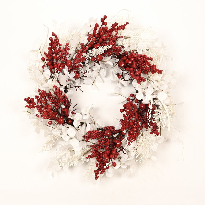 24" frosted farmhouse Christmas wreath with red berries
