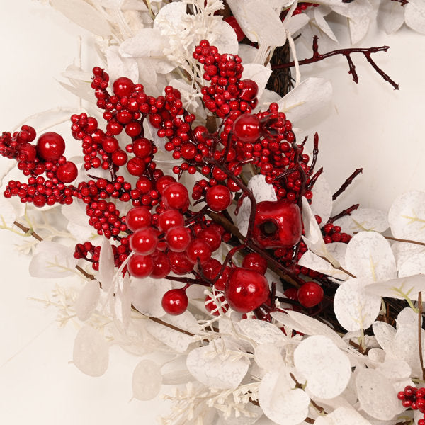 24" Artificial Farmhouse Red Berries White Frosted Leaves Winter Christmas Day Front Door Wreath