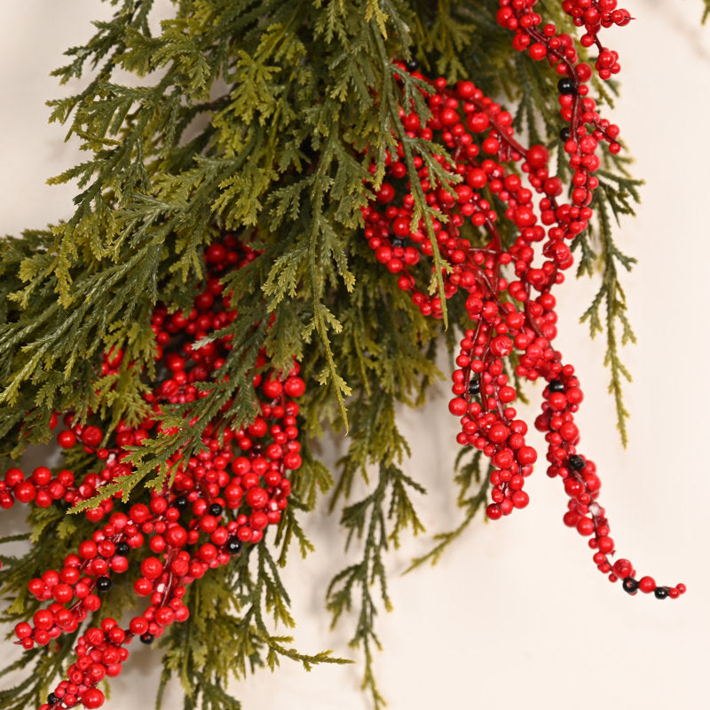 24" Artificial Farmhouse Red Holy Berry Cedar Cypress Winter Christmas Wreath for Front Door, Holiday Wall Decor
