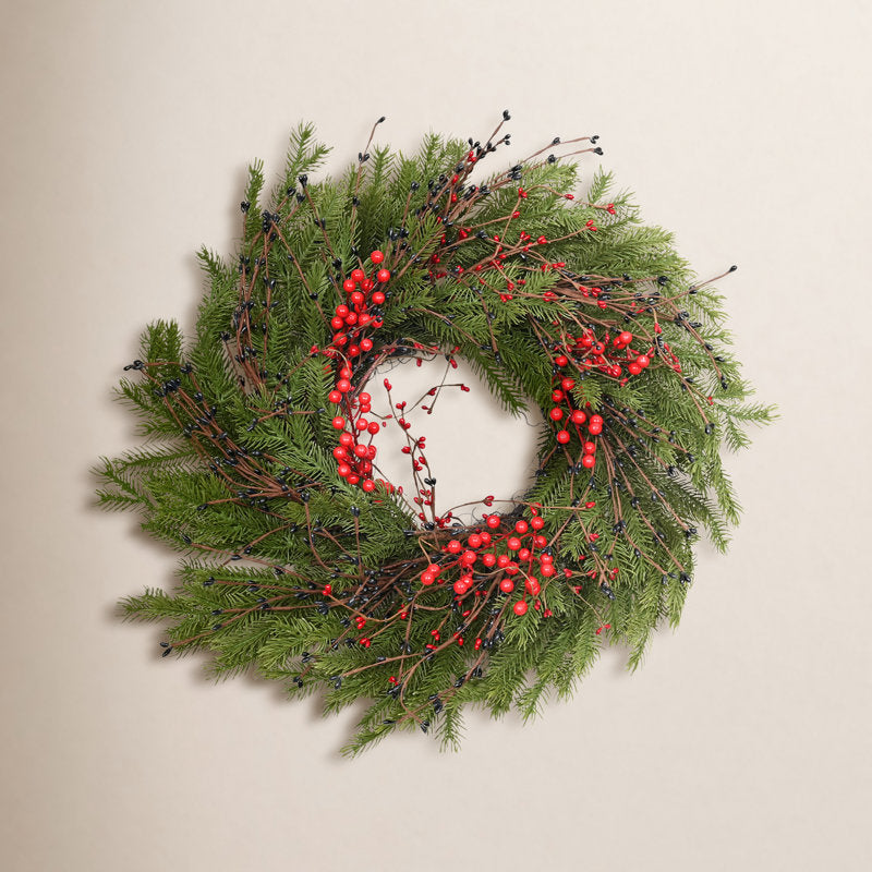 24" farmhouse Christmas wreath with red berries