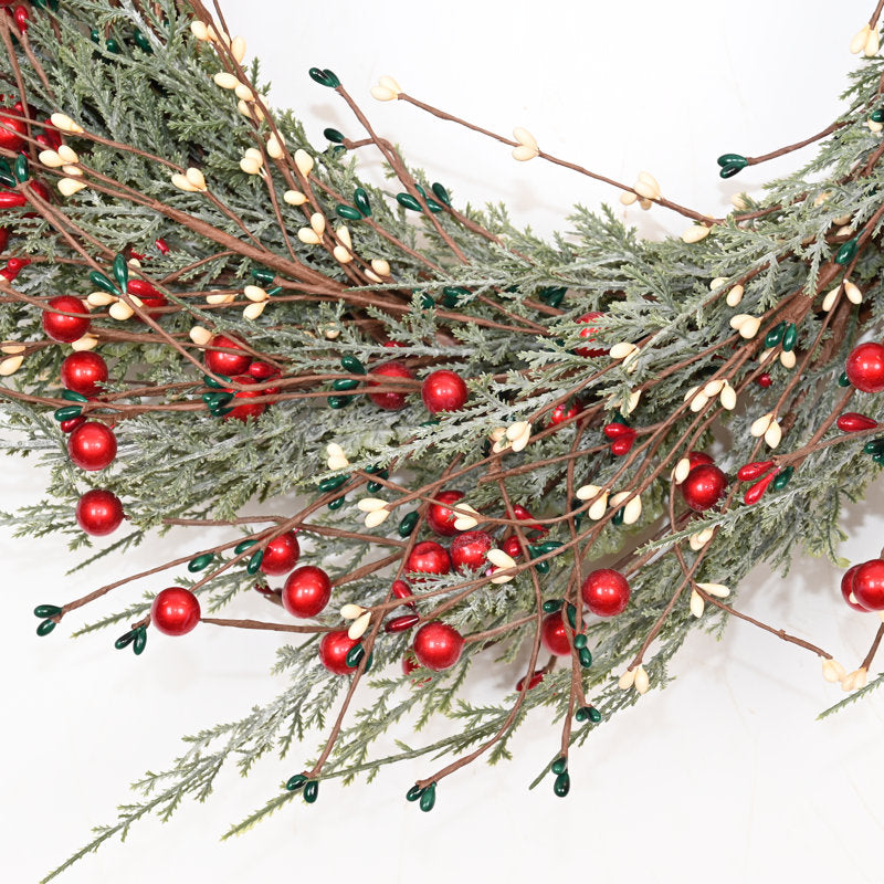 24" Artificial Farmhouse Twig Greenery Cypress Foliage Berries Christmas Day Winter Wreath For Front Door
