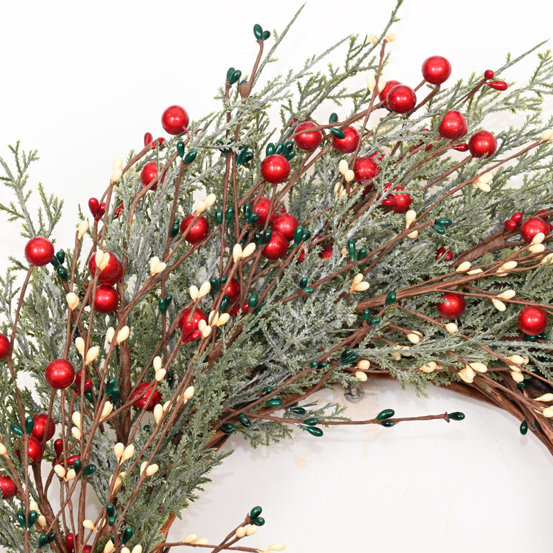 24" Artificial Farmhouse Twig Greenery Cypress Foliage Berries Christmas Day Winter Wreath For Front Door