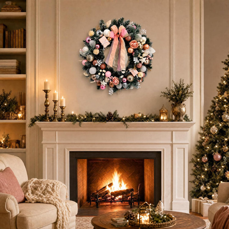 24" Battery-Operated Pre-Lit Christmas Wreath, Artificial Pink Wreath with Bow, Roses, Leaves & Ornaments for Front Door Wall