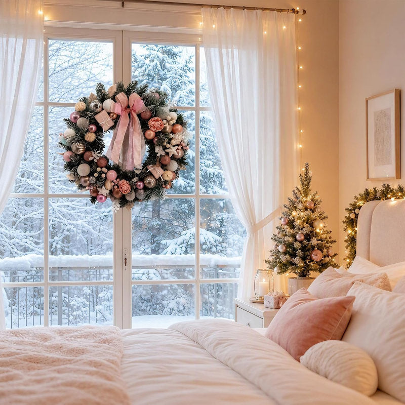 24" pre-lit pink Christmas wreath with a bow and ornaments