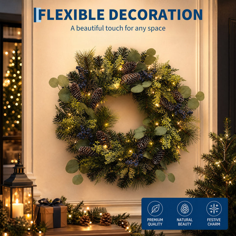 24" Battery-Operated Pre-Lit Christmas Wreath with 20 LEDs & 8 Light Modes, Blue Berries Eucalyptus for Front Door Porch