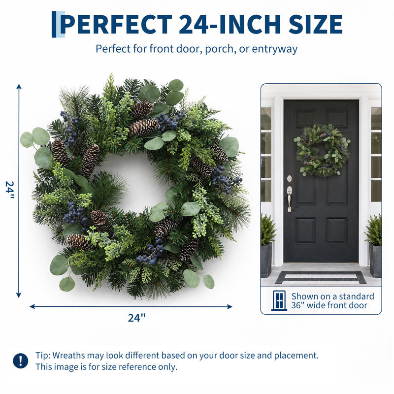 24" Battery-Operated Pre-Lit Christmas Wreath with 20 LEDs & 8 Light Modes, Blue Berries Eucalyptus for Front Door Porch