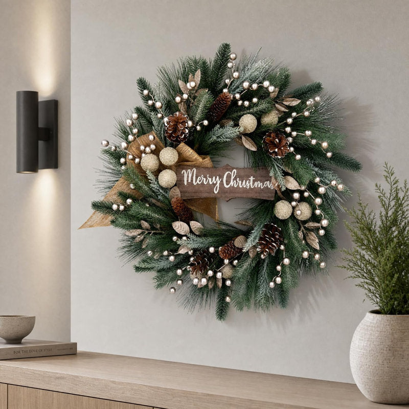 24" pine Christmas wreath with berries and a burlap bow