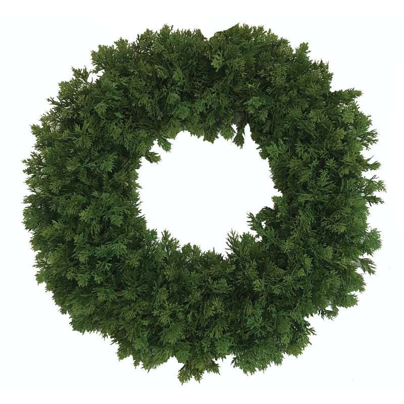 24" Cypress Christmas Wreath displayed on a front door