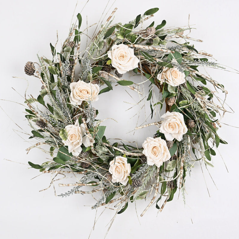 24" birch Christmas wreath with pinecones