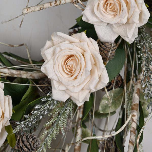 24" Farmhouse Artificial Winter Birch Pinecone Peony Floral Wreath For Front Door Christmas Day Decor