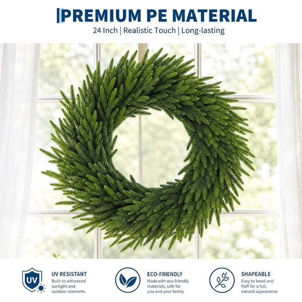 24" Full Green Artificial Cypress Holiday Wreath, Realistic PE Cedar Leaf for Front Door Window Wall Mantel Porch Decor