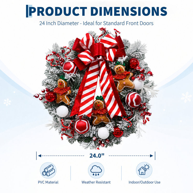 24" Gingerbread Christmas Wreath with 20 LED Lights & 8 Modes, Timer, Lifelike Ribbon for Front Door Holiday Decor