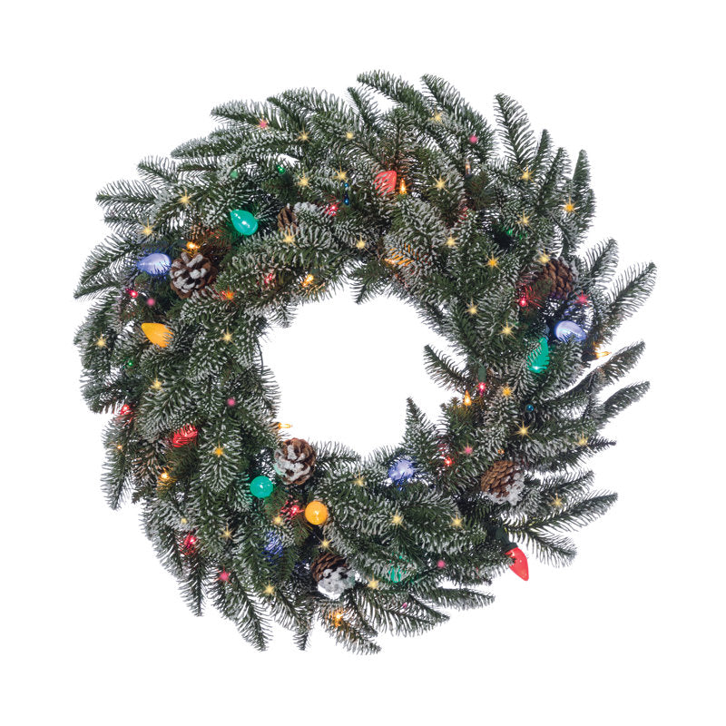 24" Pre-Lit Christmas Wreath displayed on a front door