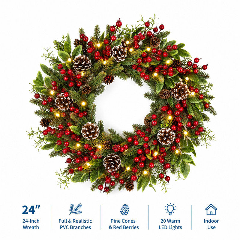24" Lush Pine Christmas Wreath with LED Lights, Pine Cones and Red Berries