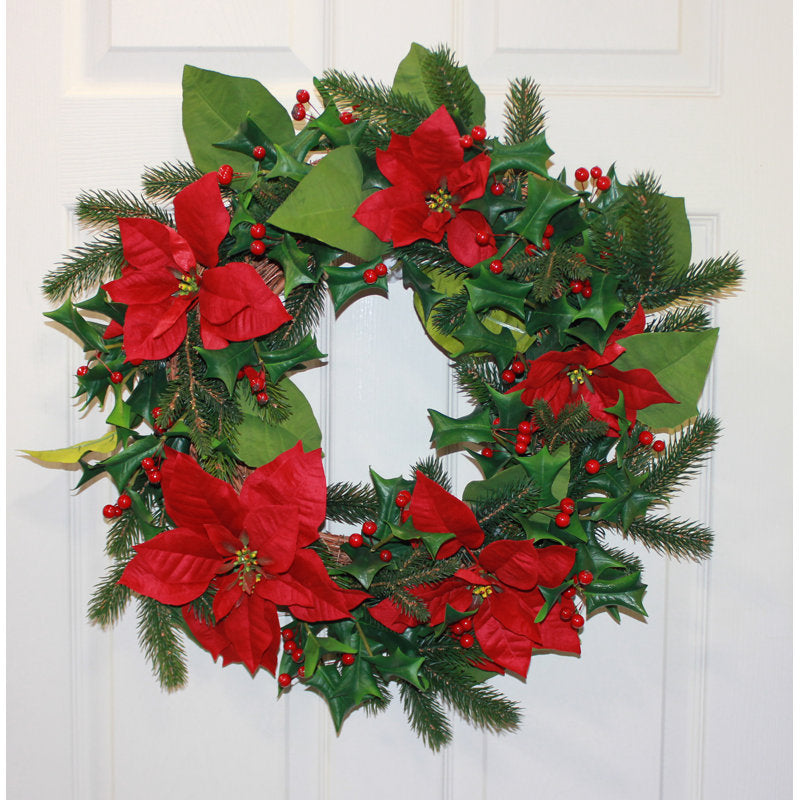 24" poinsettia Christmas wreath with berries and poinsettias