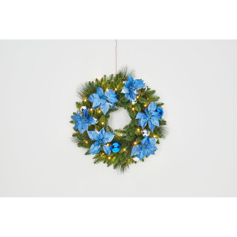 24" Pre-Lit Frosted Artificial Pine Christmas Wreath hanging on a front door