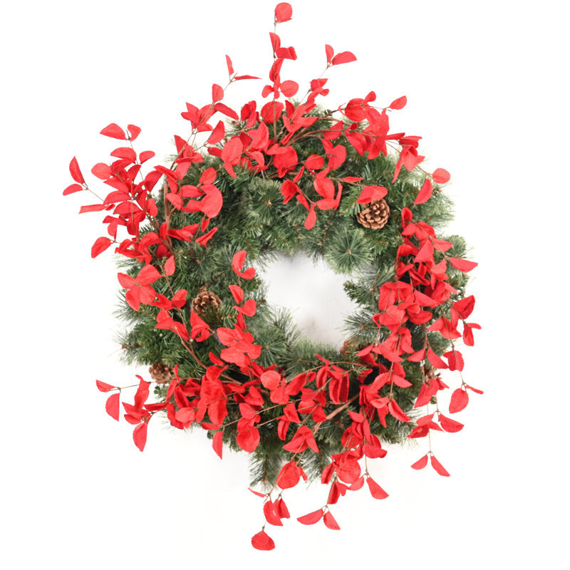 24" pre-lit eucalyptus Christmas wreath with 35 LED lights and pinecones