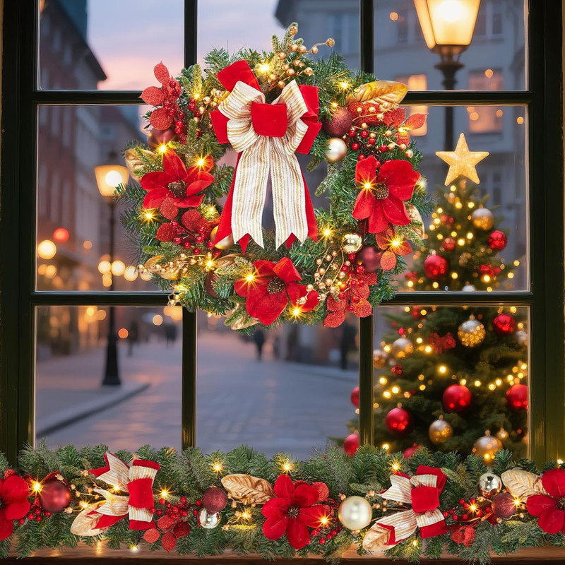 24" Pre-Lit Christmas Wreath with 20 LED Lights & Red Berries for Front Door Holiday Decor