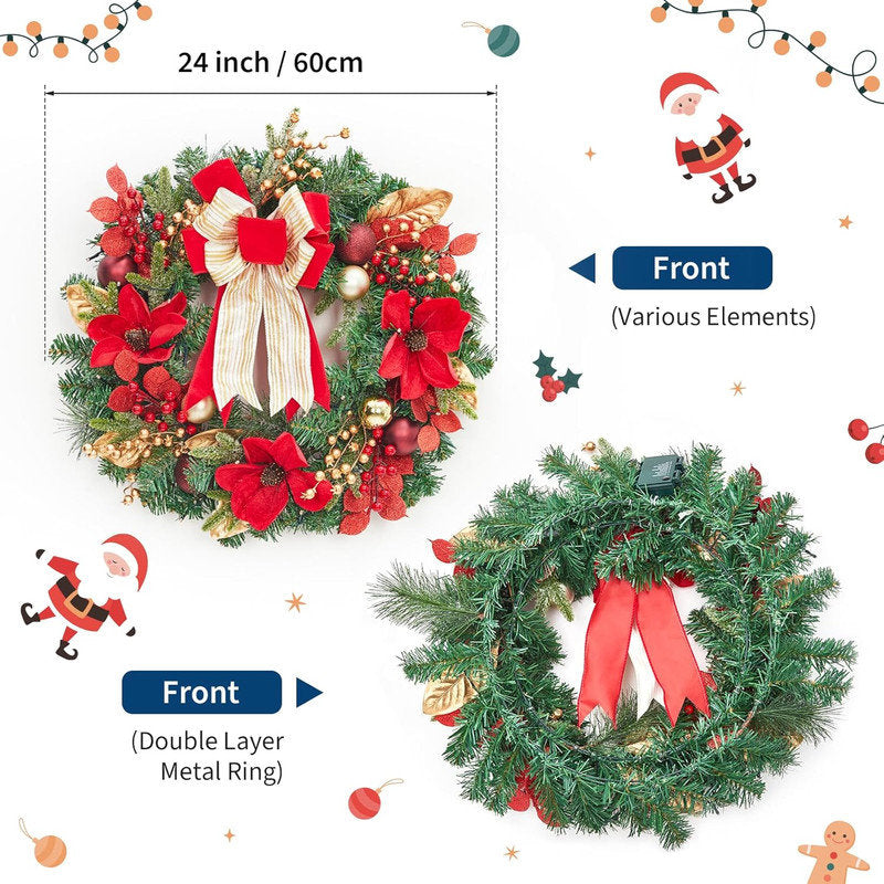 24" Pre-Lit Christmas Wreath with 20 LED Lights & Red Berries for Front Door Holiday Decor