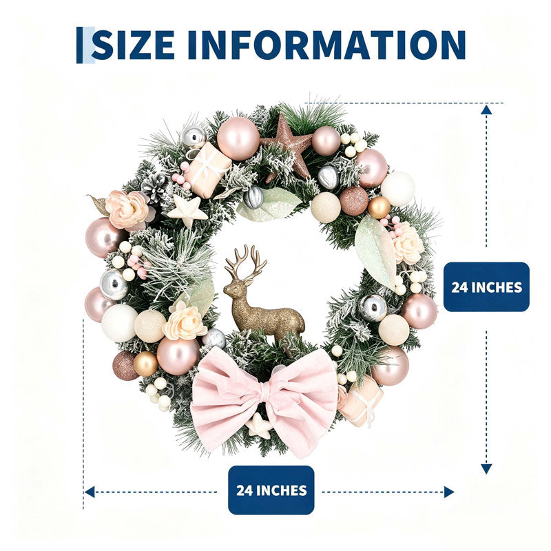 24" Pre-Lit Christmas Wreath with 20 LED Lights, Pink Bow and Reindeer Accents for Front Door, Wall and Mantel