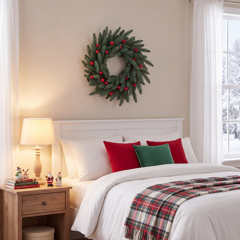 24" Pre-Lit Christmas Wreath with 20 LEDs & 8 Modes, Timer, PE Pine Leaves & Red Berries for Front Door Indoor Outdoor