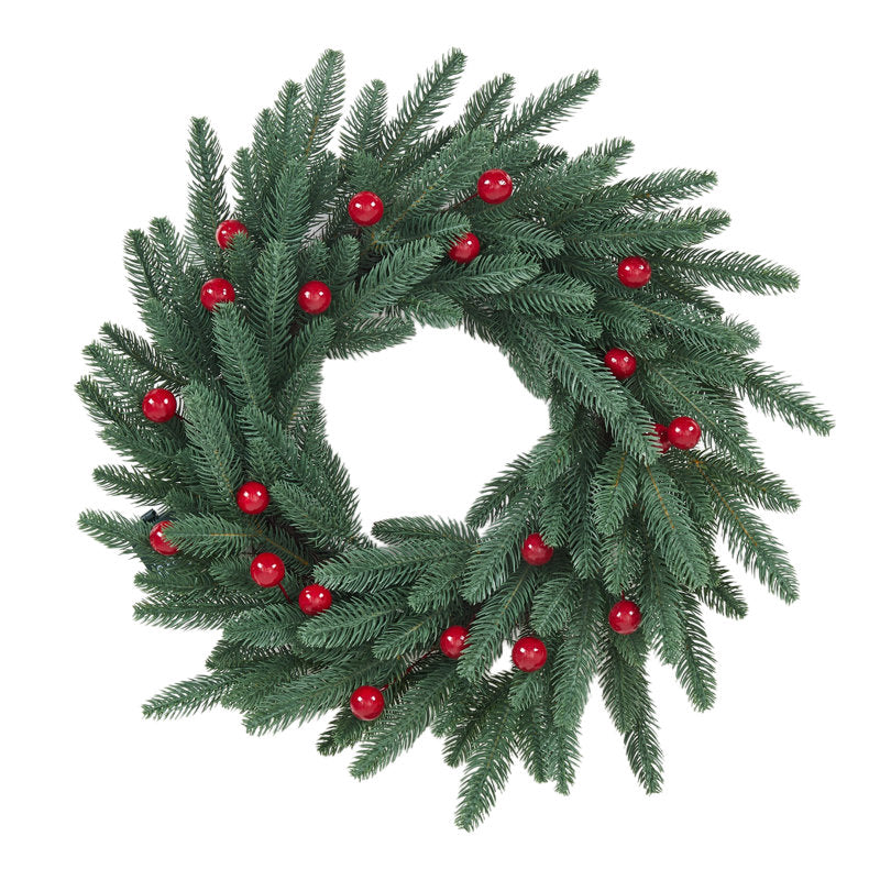 24" pre-lit pine Christmas wreath with 20 LED lights and red berries