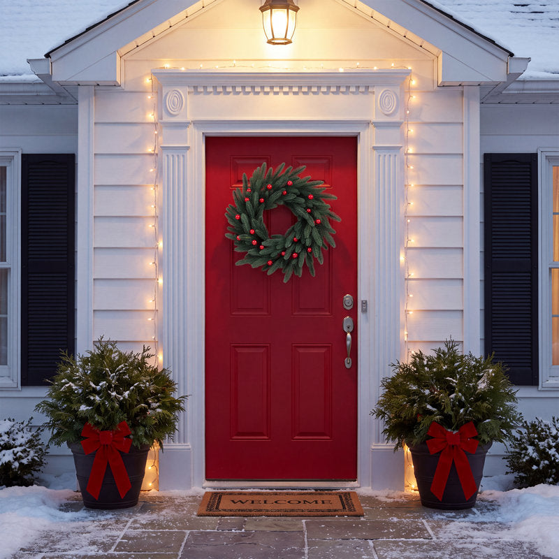 24" Pre-Lit Christmas Wreath with 20 LEDs & 8 Modes, Timer, PE Pine Leaves & Red Berries for Front Door Indoor Outdoor