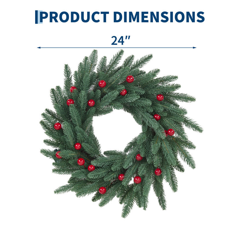 24" Pre-Lit Christmas Wreath with 20 LEDs & 8 Modes, Timer, PE Pine Leaves & Red Berries for Front Door Indoor Outdoor