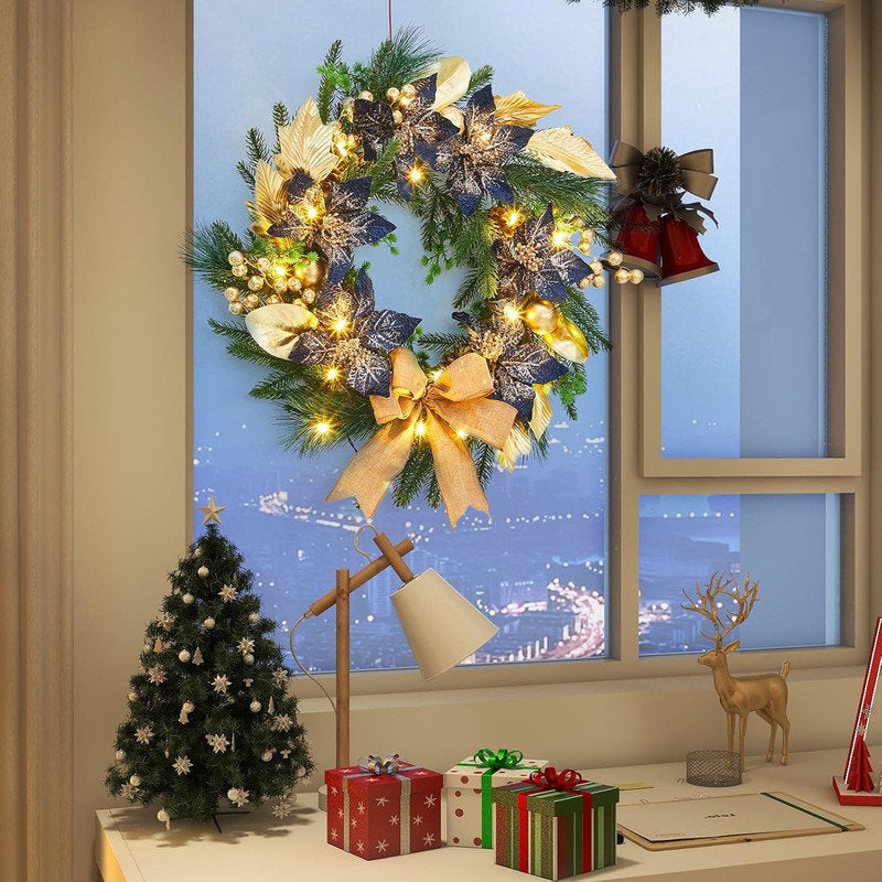 24" Pre-Lit Christmas Wreath with Blue Flowers & Gold Ornaments, Battery LED Door Wreath