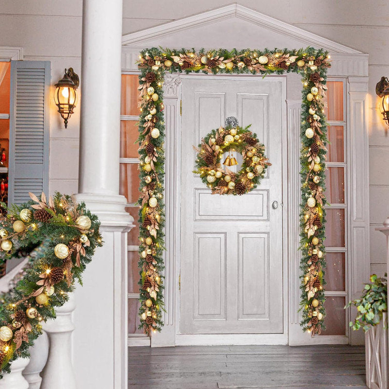 24" Pre-Lit Christmas Wreath with LED Lights, Pine Cones, Berries & Bells for Front Door Decor
