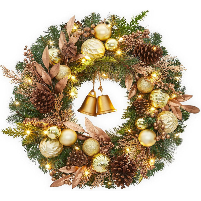 24" pre-lit pine Christmas wreath with LED lights and pinecones