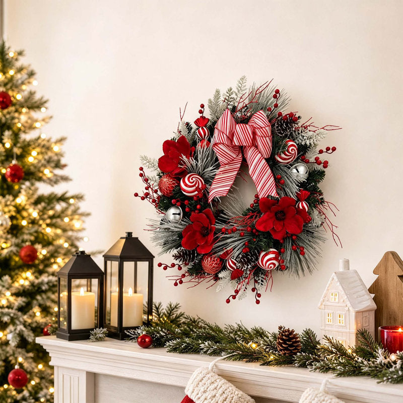 24" Pre-Lit Christmas Wreath with Red & White Bow, 20 LED Lights, 8 Lighting Modes, PVC Foliage, Indoor & Outdoor Decor