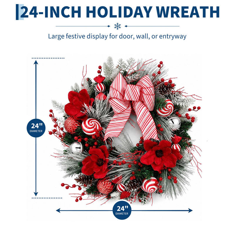 24" Pre-Lit Christmas Wreath with Red & White Bow, 20 LED Lights, 8 Lighting Modes, PVC Foliage, Indoor & Outdoor Decor