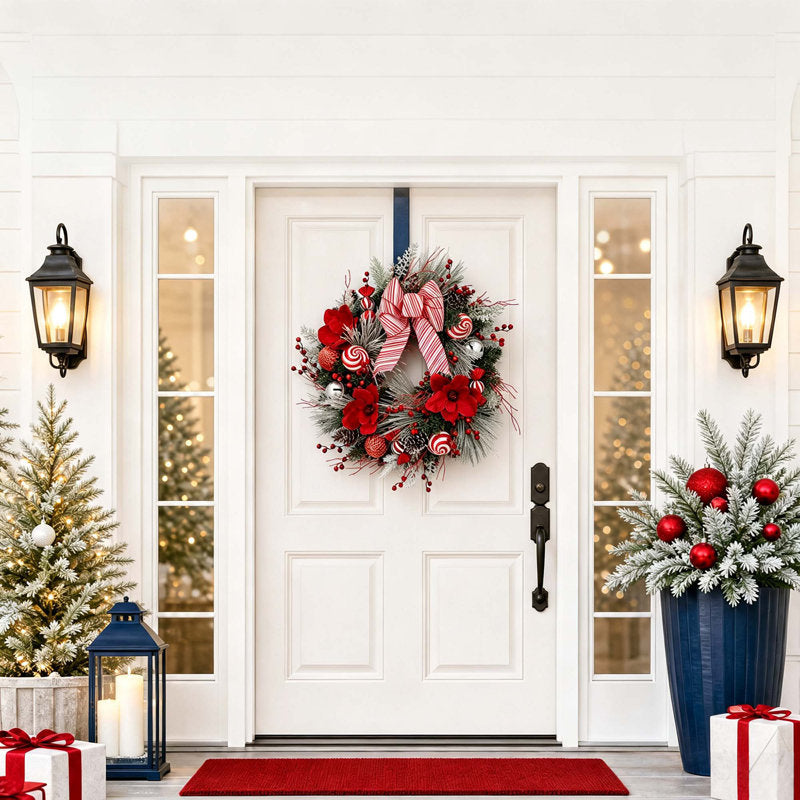24" Pre-Lit Christmas Wreath with Red & White Bow for Front Door, Mantel & Outdoor Decor