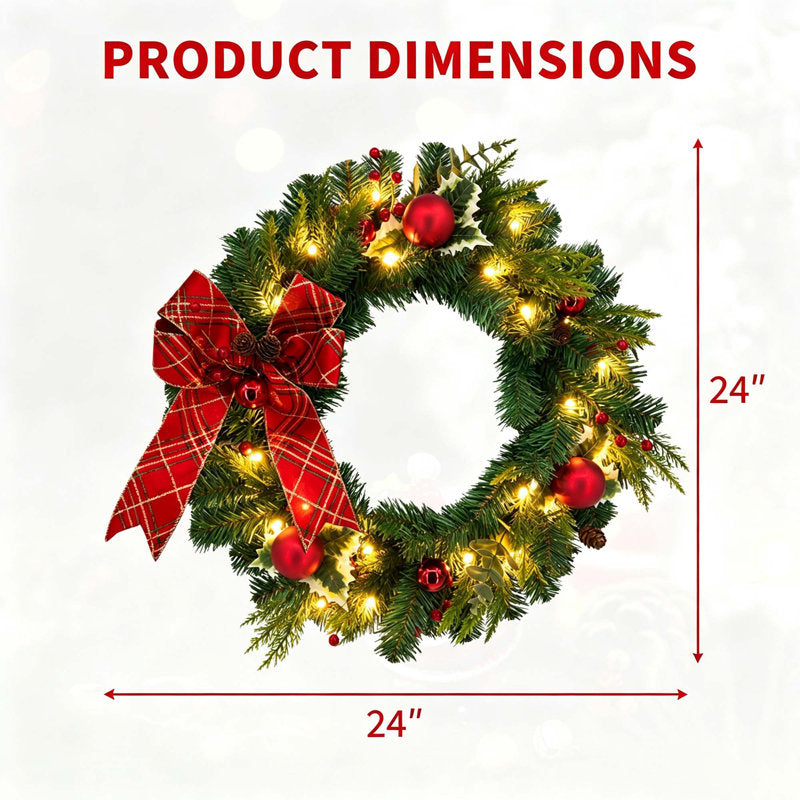 24" Pre-Lit Christmas Wreath with Red Bow, 20 LED Lights and Full PVC Foliage, Indoor & Outdoor Holiday Decor