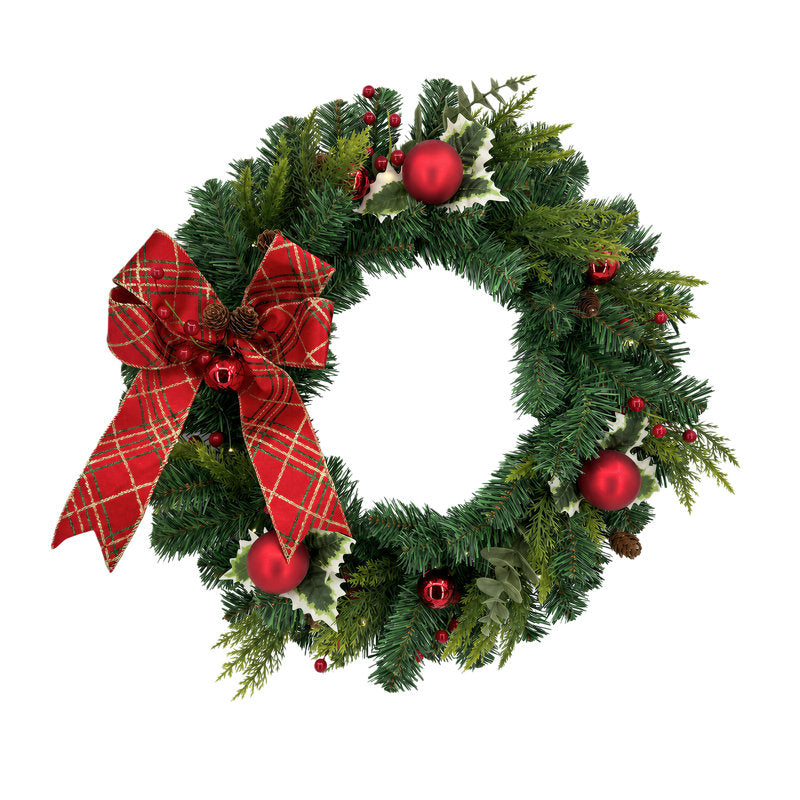 24" pre-lit Christmas wreath with 20 LED lights and a bow