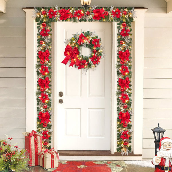 24" Pre-Lit Christmas Wreath with Red Poinsettias and Velvet Bow