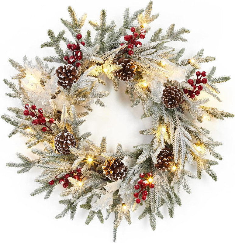24" pre-lit Christmas wreath with LED lights and pinecones