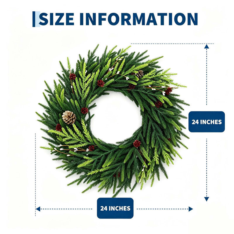 24" Pre-Lit Cypress Christmas Wreath with 20 LED Lights and Pine Cones for Front Door, Wall and Mantel