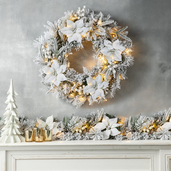 24" Pre-Lit Flocked Christmas Wreath with 50 Warm White LED Lights, Timer