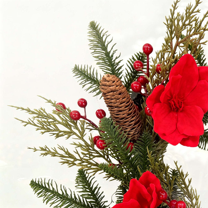 24" Pre-Lit Magnolia Christmas Wreath with Red Berries, 20 LED Lights, 8 Lighting Modes & 6H Timer for Front Door, Mantel & Window Decor
