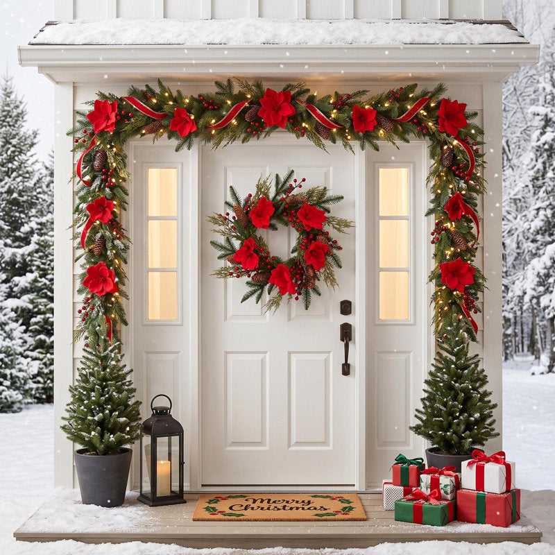 24" pre-lit magnolia Christmas wreath with 20 LED lights and red berries