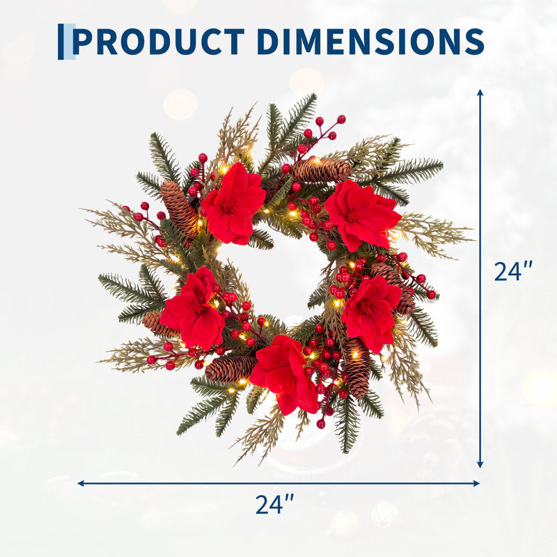 24" Pre-Lit Magnolia Christmas Wreath with Red Berries, 20 LED Lights, 8 Lighting Modes & 6H Timer for Front Door, Mantel & Window Decor